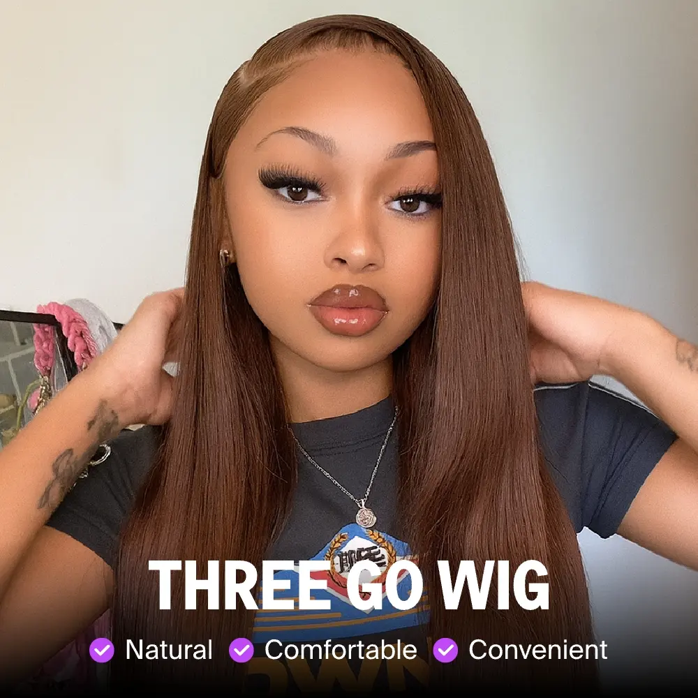 Megalook #4 Chocolate Brown 13x6 Lace Front Wigs Straight 180% Density Put on Go Glueless Wig Human Hair Pre-plucked Natural Hairline With Drawstring Band