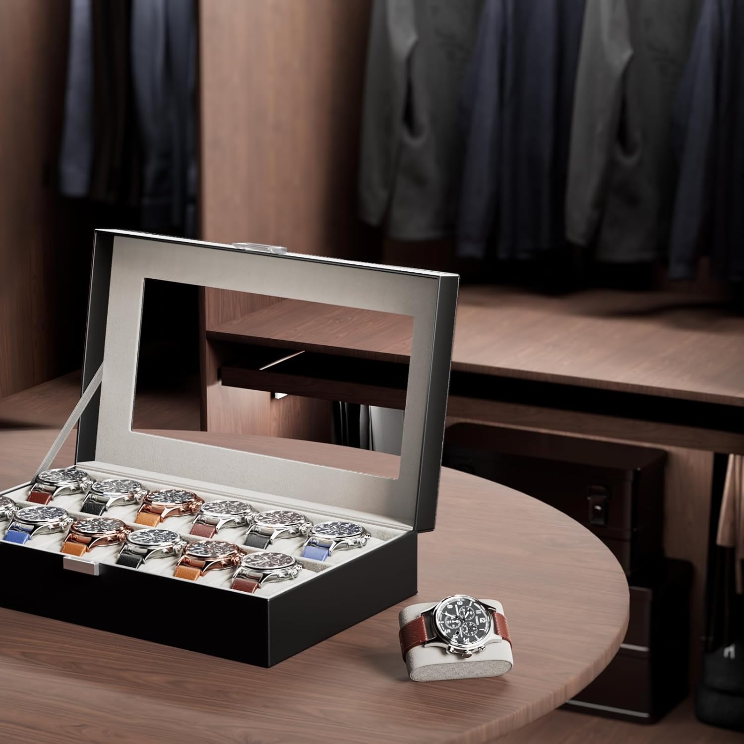 Watch Box Organizer, 12 Slot Watch Display Case With Glass Lid, Watch Storage Holder Mens Watch Case, Anniversary Birthday Valentine Gifts for Men Women -12 Slot, Black