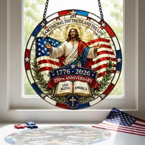 Jesus American Flag Stained Glass Suncatcher, 250th Anniversary 1776-2026 Patriotic Christian Decor, God Bless America Window Hanging, 4th of July Faith Gift