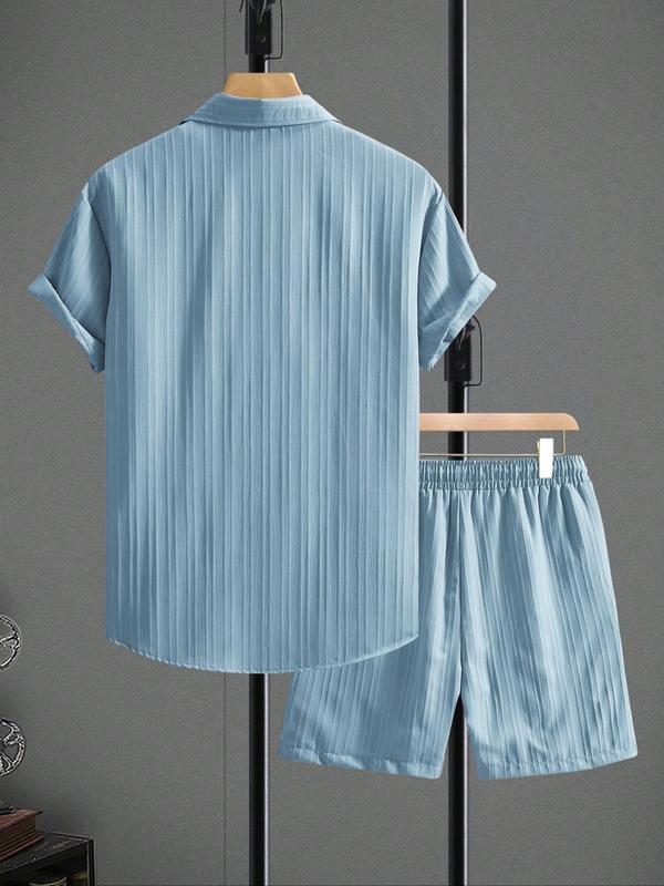 Two-Piece Set Men's Regular Fit Solid Textured Short Sleeve Shirt & Shorts, Casual Summer Set for Men, Mens Clothes for Beach Vacation