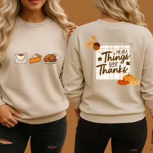 Thanksgiving Crewneck Sweatshirt Cozy Fall Apparel Unisex Holiday Outfit Casual Fabric Elastic Ribbed Collar 50/50 Cotton Polyester Blend thankful sweatshirt