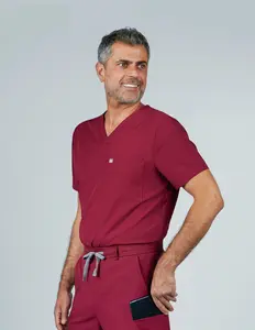 Paris Three-Pocket Men's Maroon Scrub Top