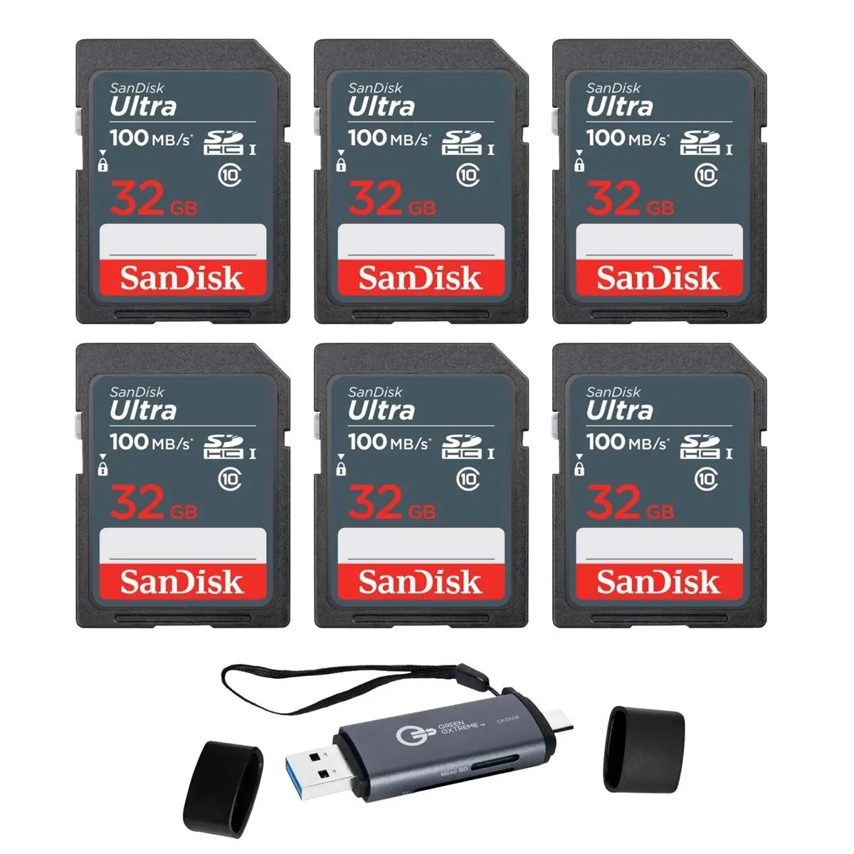 SanDisk 32GB Ultra 100MBs SDHC Memory Cards, 6-Pack, Bundle with Green Extreme USB 3.0 Type-A and Type-C OTG Card Reader