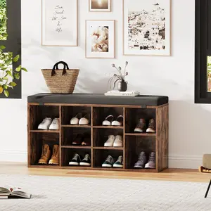 【Christmas Gift】Storage bench with cushions, entryway, shoe changing bench with cushions, open compartment design, for living room, bedroom, closet, door (brown large size) Decor Leather