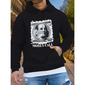 Men's Hoodies  Black Hoodie - Urban Streetwear Sweatshirt with Benjamin Franklin Money Call Graphic, Machine Washable Hip-Hop Outerwear for Casual Outfits & Themed Events, Autumn Winter Wear