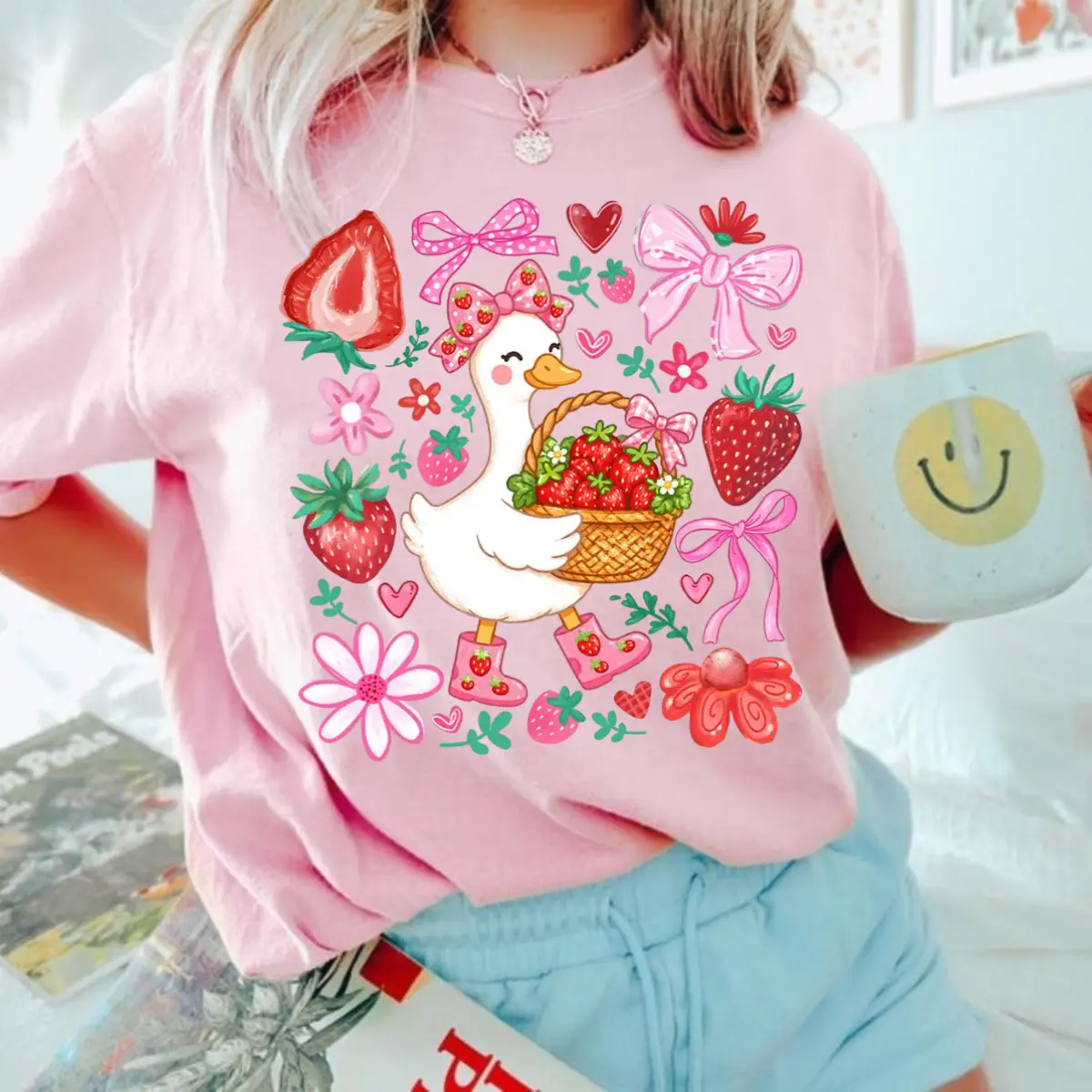 Cute Strawberry Goose Comfort Colors Shirt, Coquette Goose Tee, Summer Strawberry Graphic T-Shirt, Girly Shirt