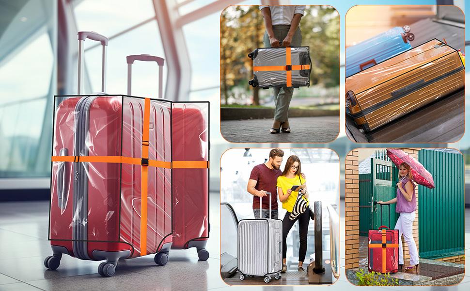 Waterproof Pvc Luggage Cover Set Includes 3 Transparent Luggage Covers and 3 Adjustable Luggage Straps, Suitable for 20, 24, and 28-Inch Suitcases.