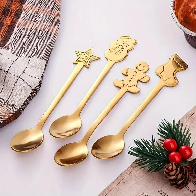 4-Piece Christmas Stainless Steel Spoon Set, Includes Stirring, Coffee, Tea, Dessert Spoons, Holiday Decor, Kitchen & Dining Use