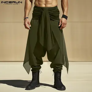 INCERUN Menswear Chiffon Ethnic Samurai Chic Trousers - Unisex Loose Flowy Drape Wrap Harem Garment, Casual Outdoor Streetwear Bottoms