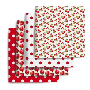 4-Piece 7.8"x7.8" Strawberry Peach Pattern Fabric Set, Polka Dot Pattern Plain Weave Handmade Home Decor DIY Material, Cute Fruit Decoration Style
