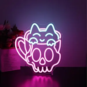 Cute Cat Neon Light Cup, Skull Decorative Lamp, Adjustable Wall Mount, USB Powered, Coffee Shop Bedroom Restaurant Kitchen Office Gift