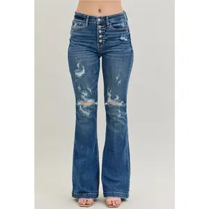Judy Blue Dark Wash Mid-Rise Button Fly Destroyed Jeans
