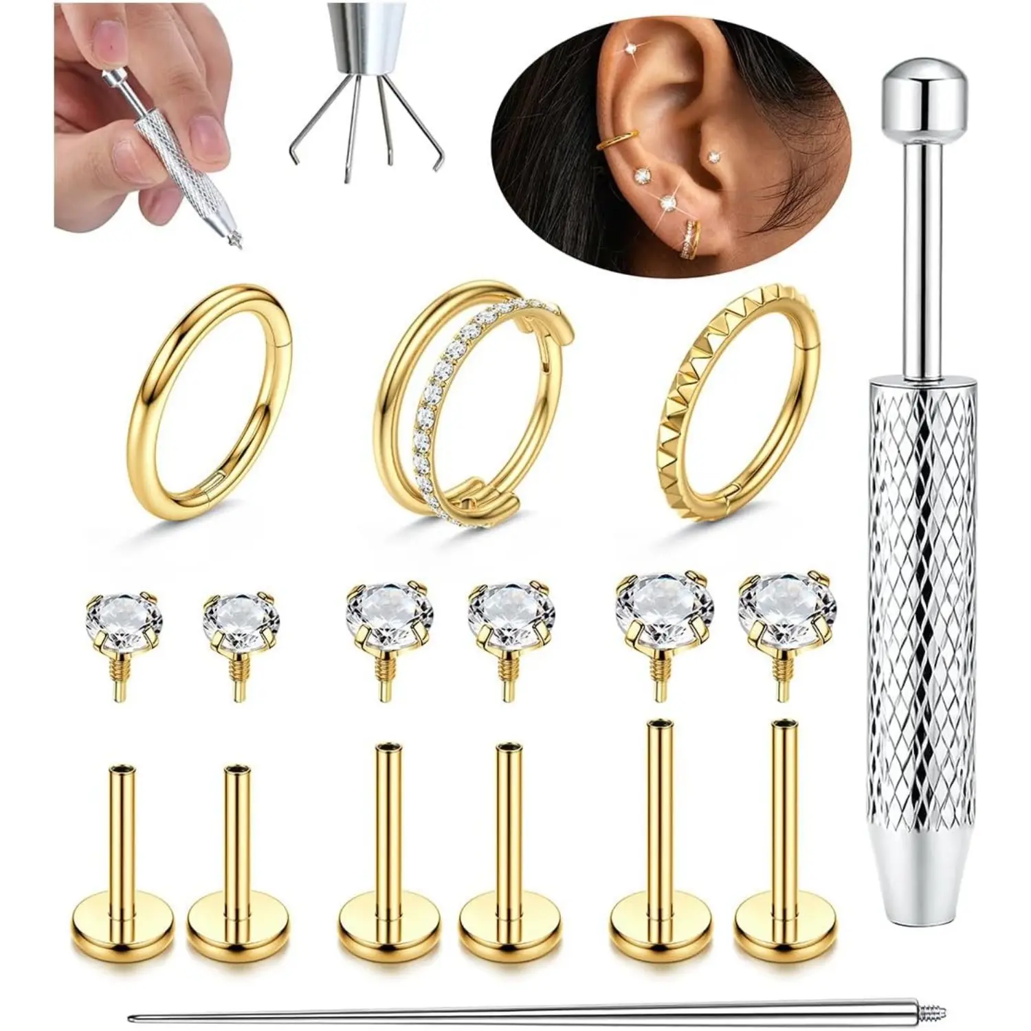 KRFY Long Nails Friendly! Internal Thread Flat Back Earring Set with Insertion Tool • 316L Surgical Steel Cartilage Hoops & CZ Studs Piercing Jewelry Kit DealsForYouDays