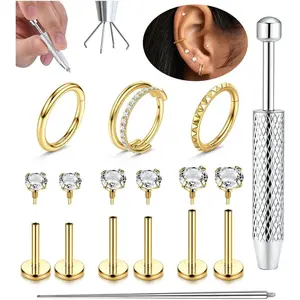 Long Nails Friendly! Internal Thread Flat Back Earring Set with Insertion Tool • 316L Surgical Steel Cartilage Hoops & CZ Studs Piercing Jewelry Kit