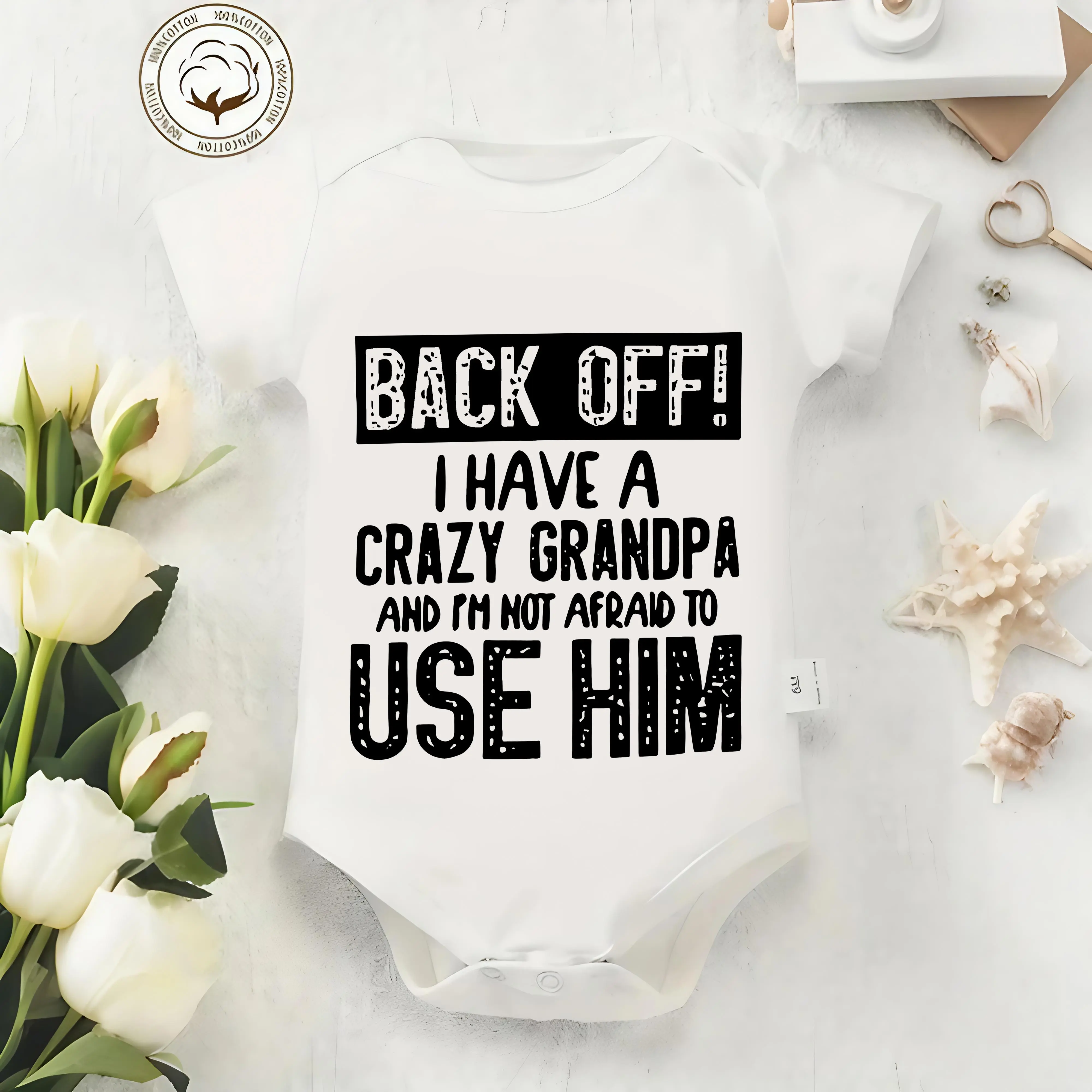 Cute Cotton Baby Bodysuit with "Back Off!I Have a Crazy Grandpa " Print, Round Neck, Button Detail, Regular Fit, All Seasons Knitted Fabric Onesie, Fun Themed Bodysuits, Letter Print Bodysuit