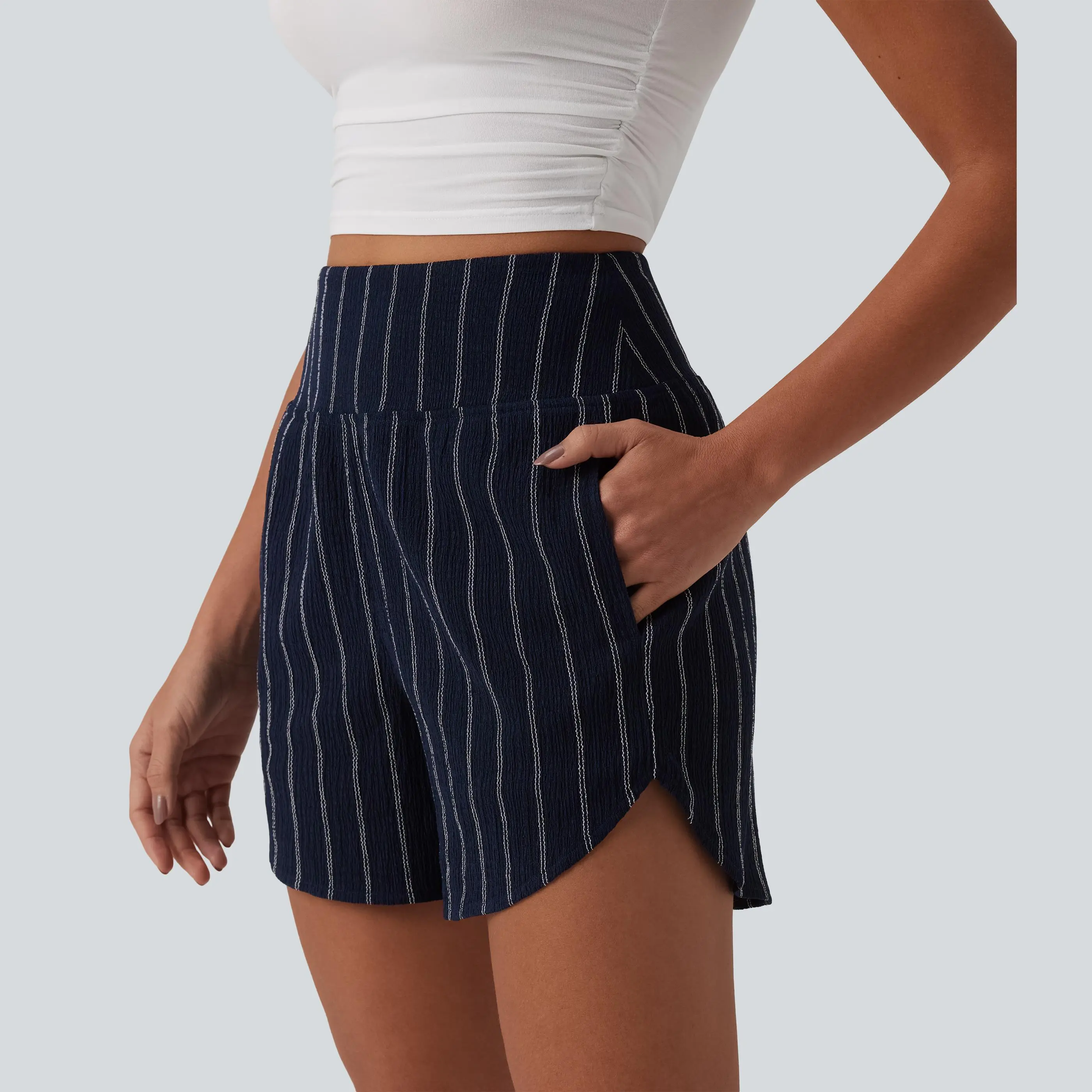 Halara High Waisted Curved Hem Stripe Casual Shorts with Pockets Halara High Waisted Curved Hem Stripe Casual Shorts with Pockets