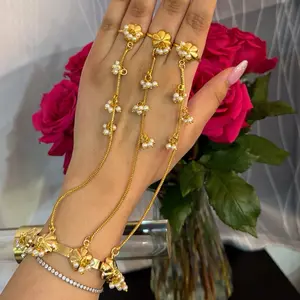 Gold Plated Kashmiri Haath Phool - Elegant Floral Design with Pearls and Gold Accents for Women