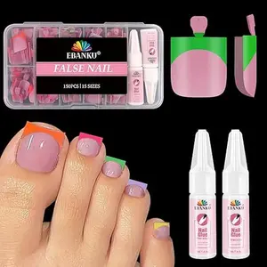 Press on Toenails for Women, EBANKU 150PCS Colorful Fake Toe Nail Sharp Square Pre-Designed Soft Gel False Toenail Extension with Nail Glue& Nail Remover, 15 Sizes