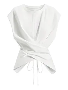 Women's Knitted Round Neck Drop Shoulder Sleeve T-Shirt, Fashion Casual Asymmetrical Ruched Cross Cutout Back Tie Top,Spring&Summer break outfit idea,tiktokmademebuyit