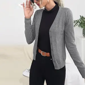 2025 Autumn Winter New Women's Gray Button Front Cardigan Long Sleeve Casual Knit Jacket Suitable For Autumn Winter And Spring, Medium Stretch, Regular Fit, Cardigan Design