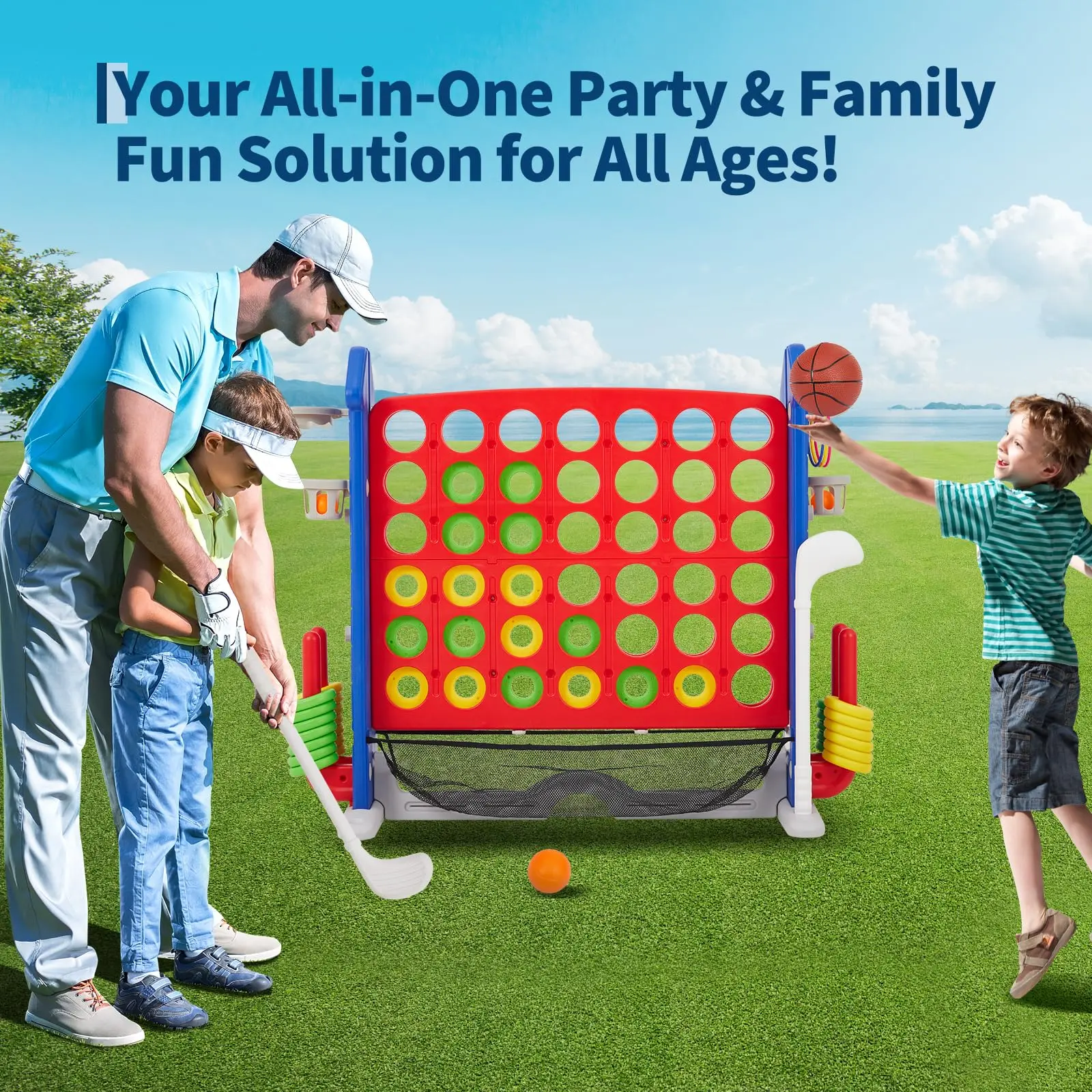 Garvee Giant 4-in-1 Outdoor Floor Board Game for 3-4 Years Olds - 3-Level Adjustable Height, Basketball Hoop, Golf, Ball Toss, Mesh Pocket, Carry Bag for Easy Transport, 16.93 lbs, Children Development, Family Parties