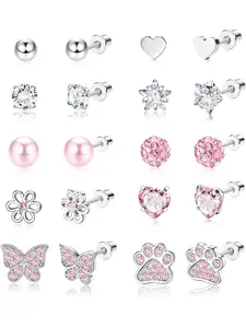 10 Pairs Hypoallergenic Stud Earrings for Women Girls 316L Stainless Steel Heart Screw Earrings CZ Set of Butterfly Flower Earrings Multicoloured