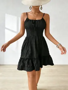 Spicy Coquette Olive Green Plaid Spaghetti Strap Ruched Waist Ruffle Hem Mini Dress Vintage French Olive Green Textured Spaghetti Strap Ruched Mini Dress Chill Vacation Casual Olive Green Spaghetti Strap Ruched Waist Ruffle Hem Dress Fitted