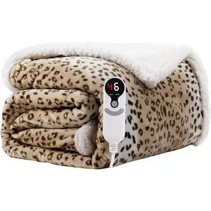 Electric Heated Blanket Twin Size 62"x84" Dual-Sided Microplush & Sherpa, 9 Heat Settings 10H Auto Off, Cozy Warming Throw for Office Bed, Machine Washable Beige Leopard Print