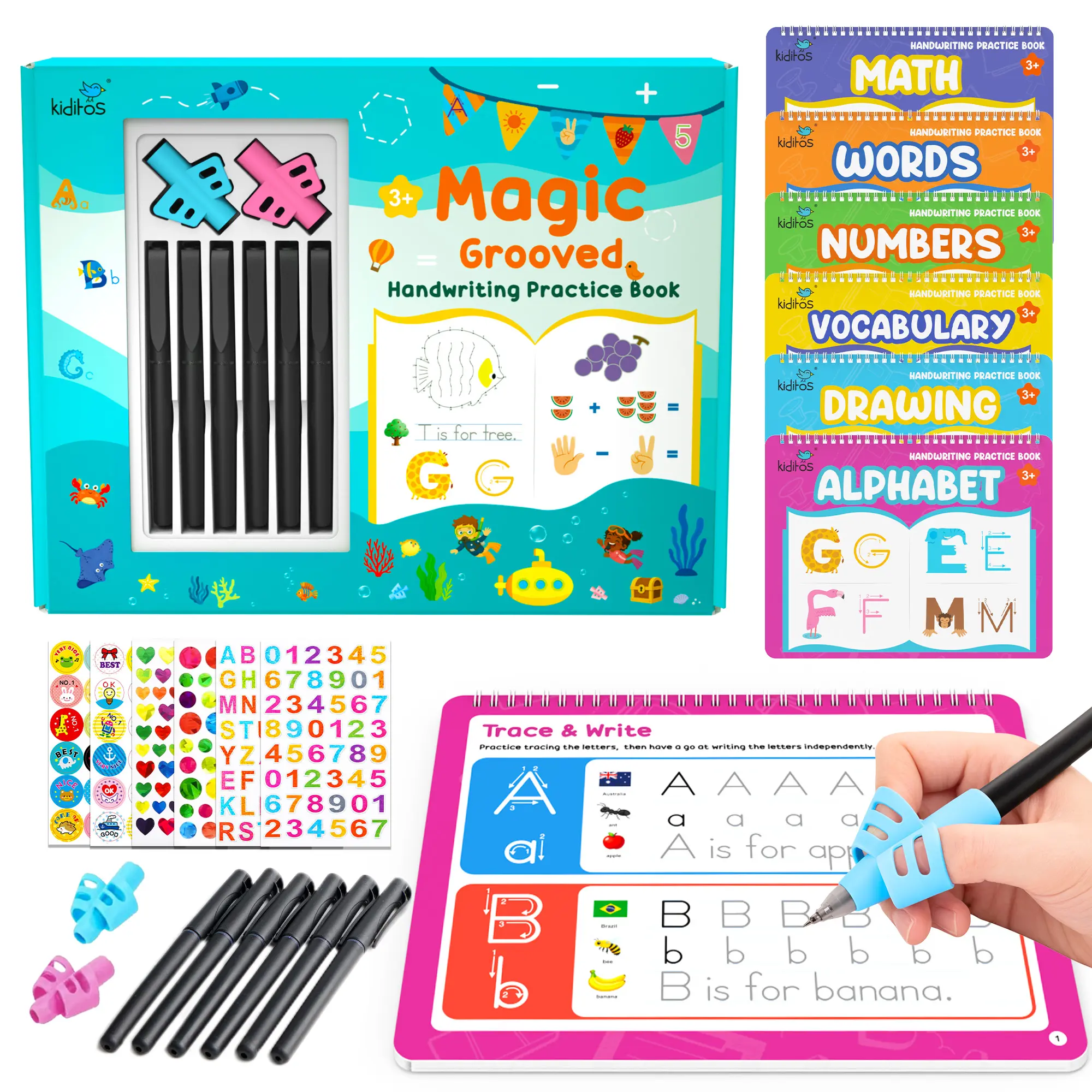 Kiditos Magic Grooved Writing Practice 6-Book Reusable Handwriting Workbooks for Kids | Letter, Number & Math Tracing with Disappearing Ink | Preschool Learning & School Supplies