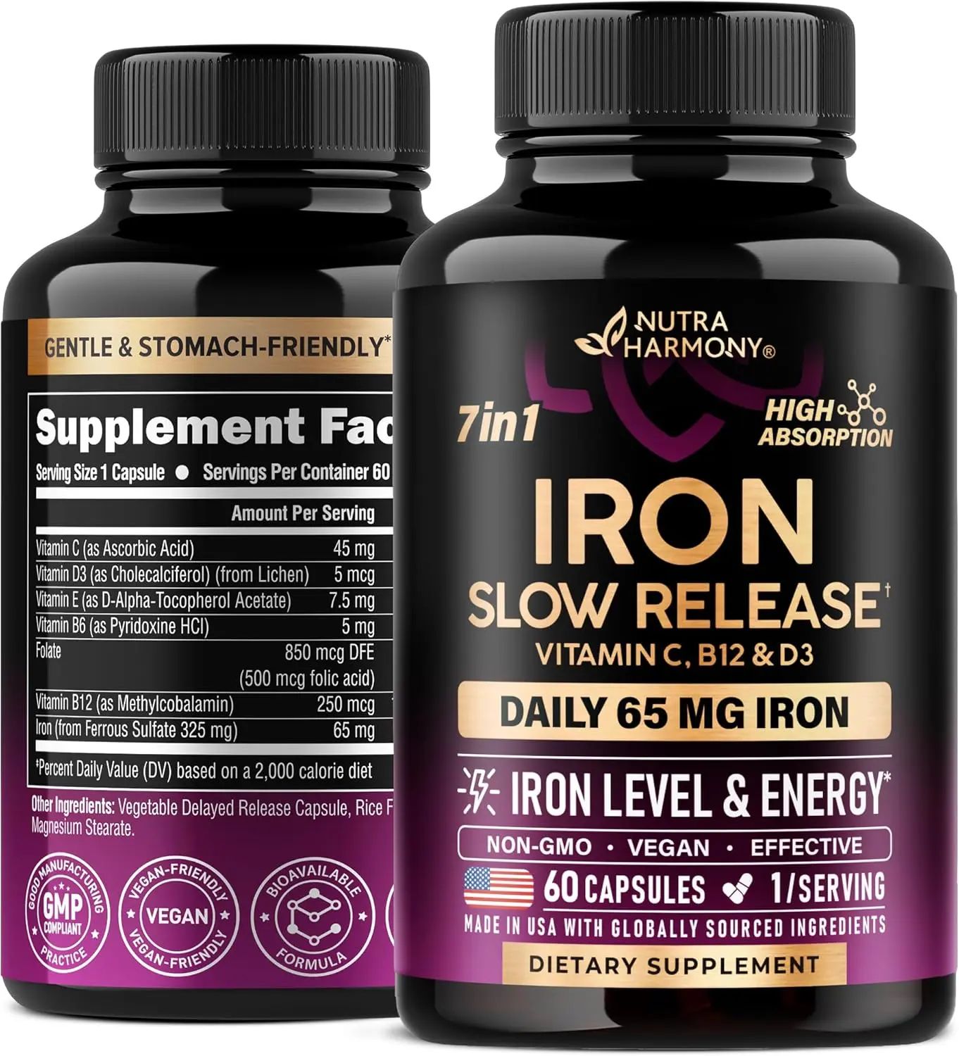 Iron Supplement for Women - Iron 65mg (Ferrous Sulfate 325mg) - Stomach Friendly | Slow Release | High Absorption - Vitamins C, D3, B6, B12 & Folate - Energy Support - 60 Capsules, 2 Month Supply