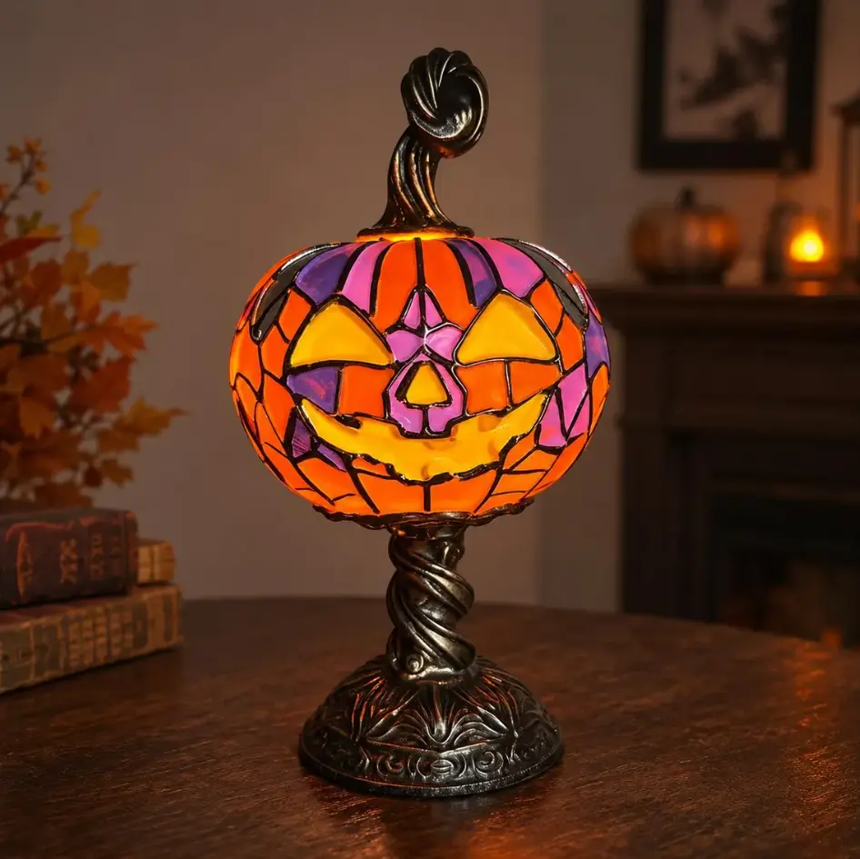 Halloween Pumpkin Lamp Decor, Lighted Jack O Lantern Tabletop Statue, Stained Glass Style Pumpkin Night Light, Vintage Halloween Decoration for Mantel Fireplace Shelf Entryway Party Home Decor, Spooky Fall Harvest Ornament Indoor Gift for Halloween Lovers
