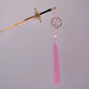 BLING EMPIRE Auspicious Sakura Blossom Sword Hairpin - Rose Gold Design, Pink Tassel Fashion Hair Accessory
