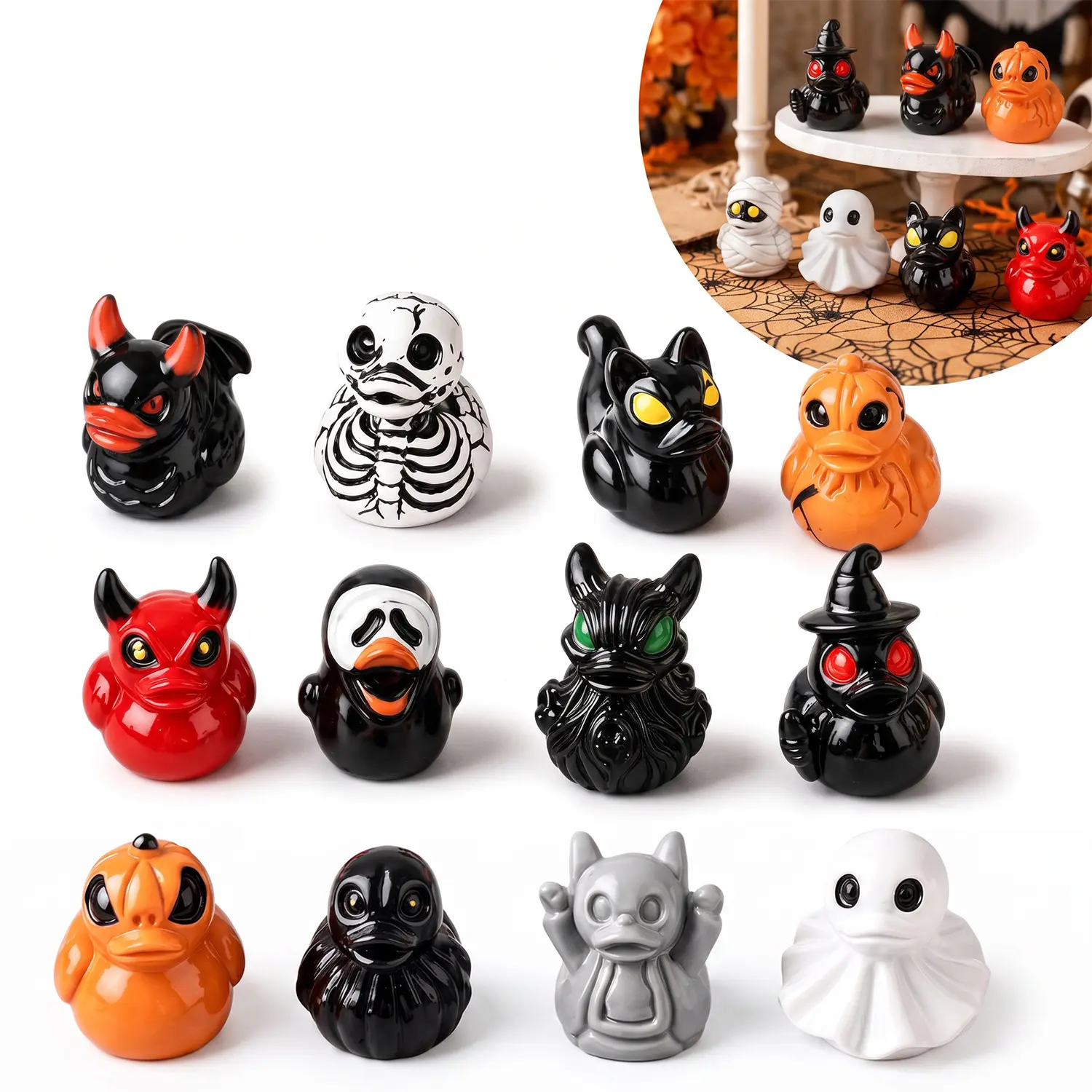 12 Pack Halloween Mini Ducks, Mini Devil Ghost Skull Pumpkin Resin Ducks Figurines, Cute Spooky Desktop Decor, Halloween Decor, Party Gift