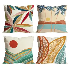 Boho Tropical Throw Pillow Covers Set of 4 | Abstract Palm Leaves Sunset Mountain Cushion Covers for Sofa Bedroom Car Vacation Party Home Decor 0509YF