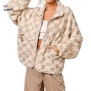 Women Winter Warm Casual Checkered Fleece Jacket Fuzzy Oversized Sherpa Jacket Shacket Faux Fur Coat