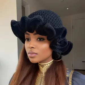 Hand-Crocheted Women's Beanie with Decorative Ruffle Brim - Artisanal Knit Cap for Autumn and Winter