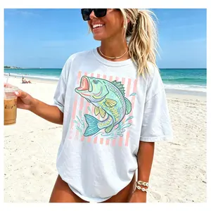 Bass Fish Beach Graphic T-Shirt, Retro Preppy Striped Fishing Tee, Summer Coastal Aesthetic Oversized Casual Top, Beach Vacation Outfit