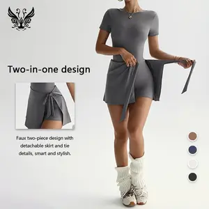 Women's Short-sleeve Two-piece Skort Jumpsuit Slimming Figure-flattering Anti-exposure Design for Daily Streetwear Casual Sports Wear