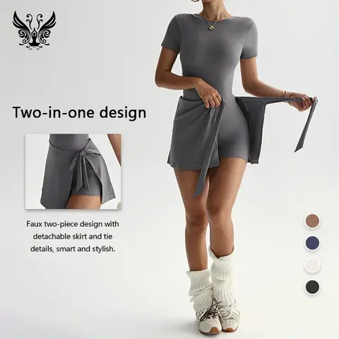 Women's 2-Piece Short-Sleeve Skort Athletic Jumpsuit - Slimming, Figure-Flattering, Anti-Exposure, Sporty Comfy Fit, Short-Sleeve Ease Women 2 Set for Gym, Daily Streetwear