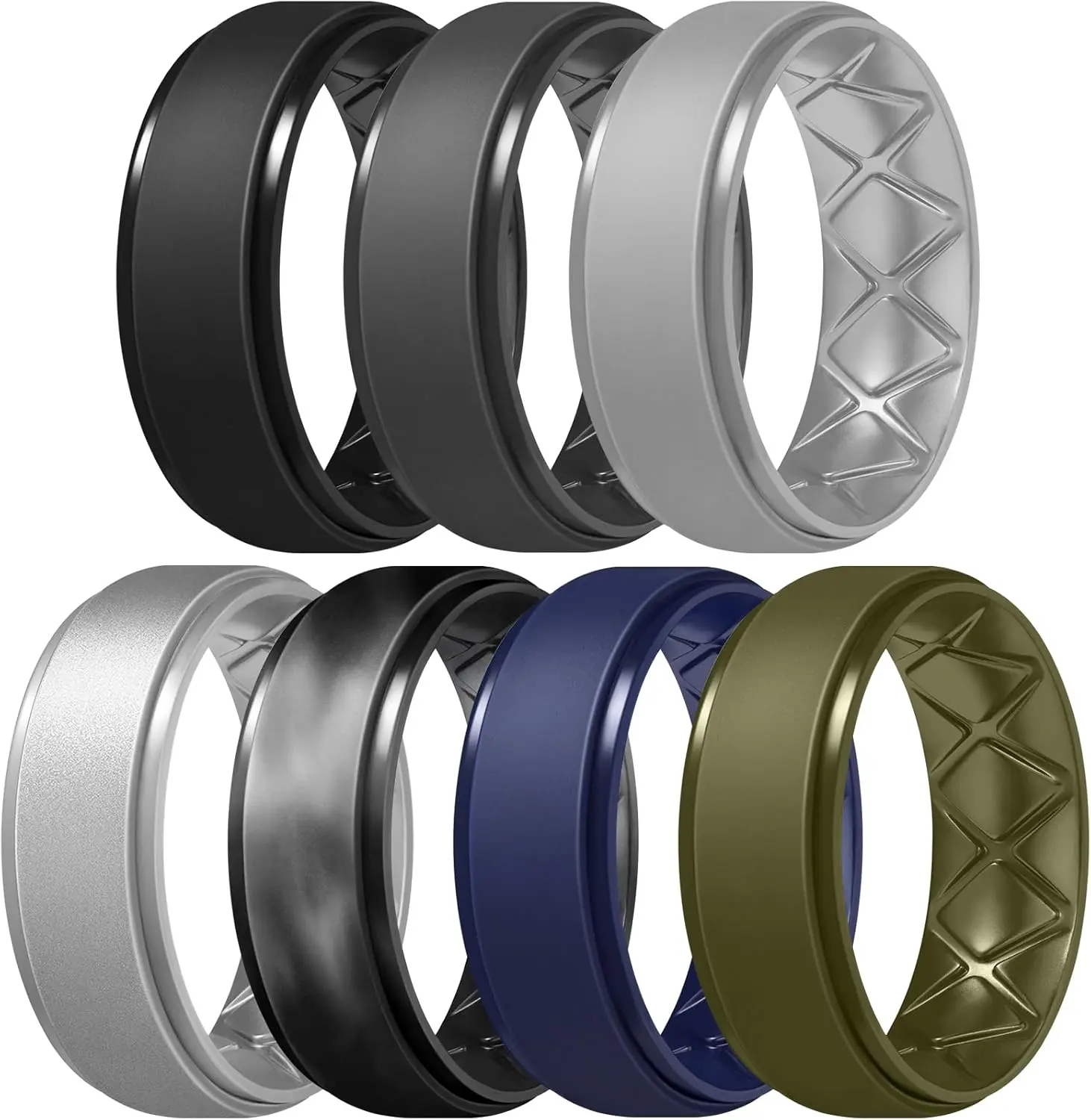 Men's Rings 8.5mm Wide-2mm Thick Inner Arc Ergonomic Breathable Rubber Wedding bands-Hypoallergenic for Gym/Outdoor/Gift((1-7 Variety Pack with Half Size)