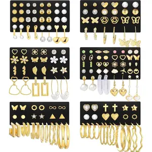 84 Pairs Gold Stud Earrings Set for Women Multipack, Fashion Pearl Zirconia Butterfly Earrings, Hypoallergenic Stud Hoops Earrings for Gift