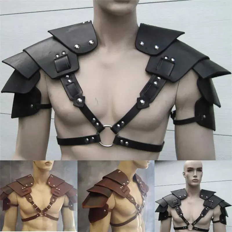 Medieval Viking Warrior Shoulder Armor Gladiator Samurai Knight Pauldrons Gothic Steampunk PU Leather Belt Armor Cosplay Costume