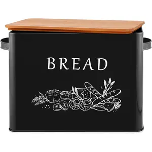Bread Box for Countertop, Bread Container Bin with Bamboo Lid for Cutting Bread, Large & Farmhouse Style, 13" x 7.2" x9.8", Black