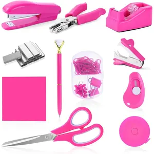 Hot Pink Desk Accessory Kit Cute Office Supplies Set Desktop Stapler Set Includes Staple Remover Hole Punch Tape Dispenser Ballpoint Pen Scissor Mini Box  Tape Measure Paper Clips Sticky Notes