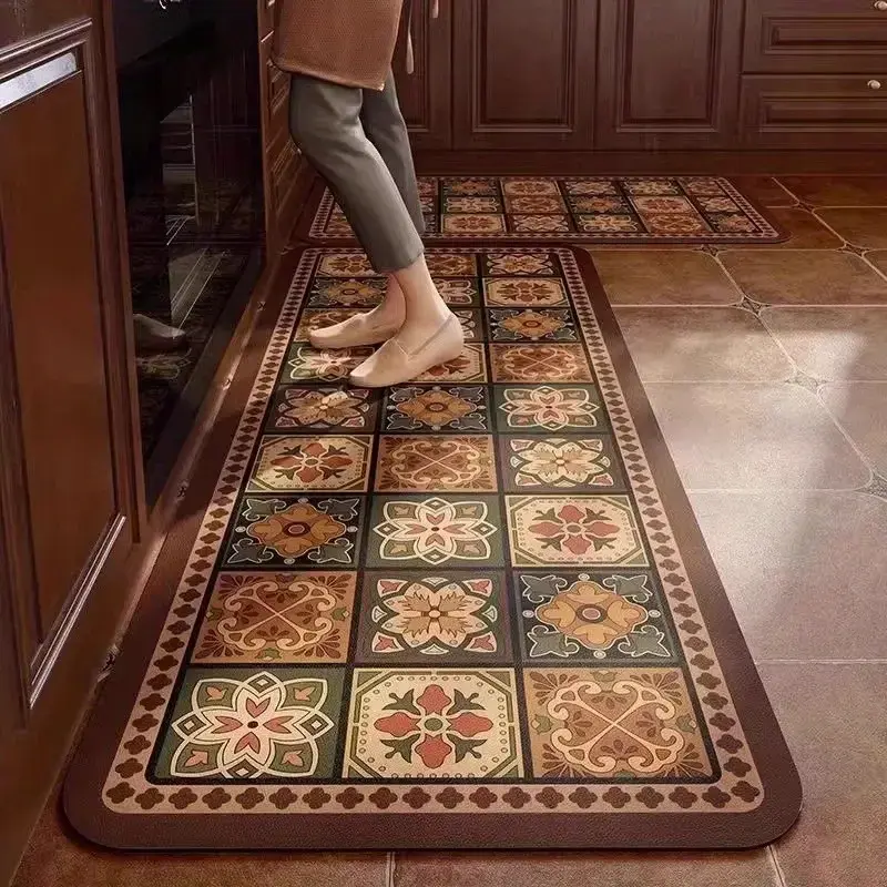 Non-Slip Kitchen Floor Mat Featuring Solid One-Piece Rubber Base - 0.4cm Thin Profile Anti-Trip Design - Durable Heat-Resistant Non-Woven Rug for Indoor High Traffic Areas