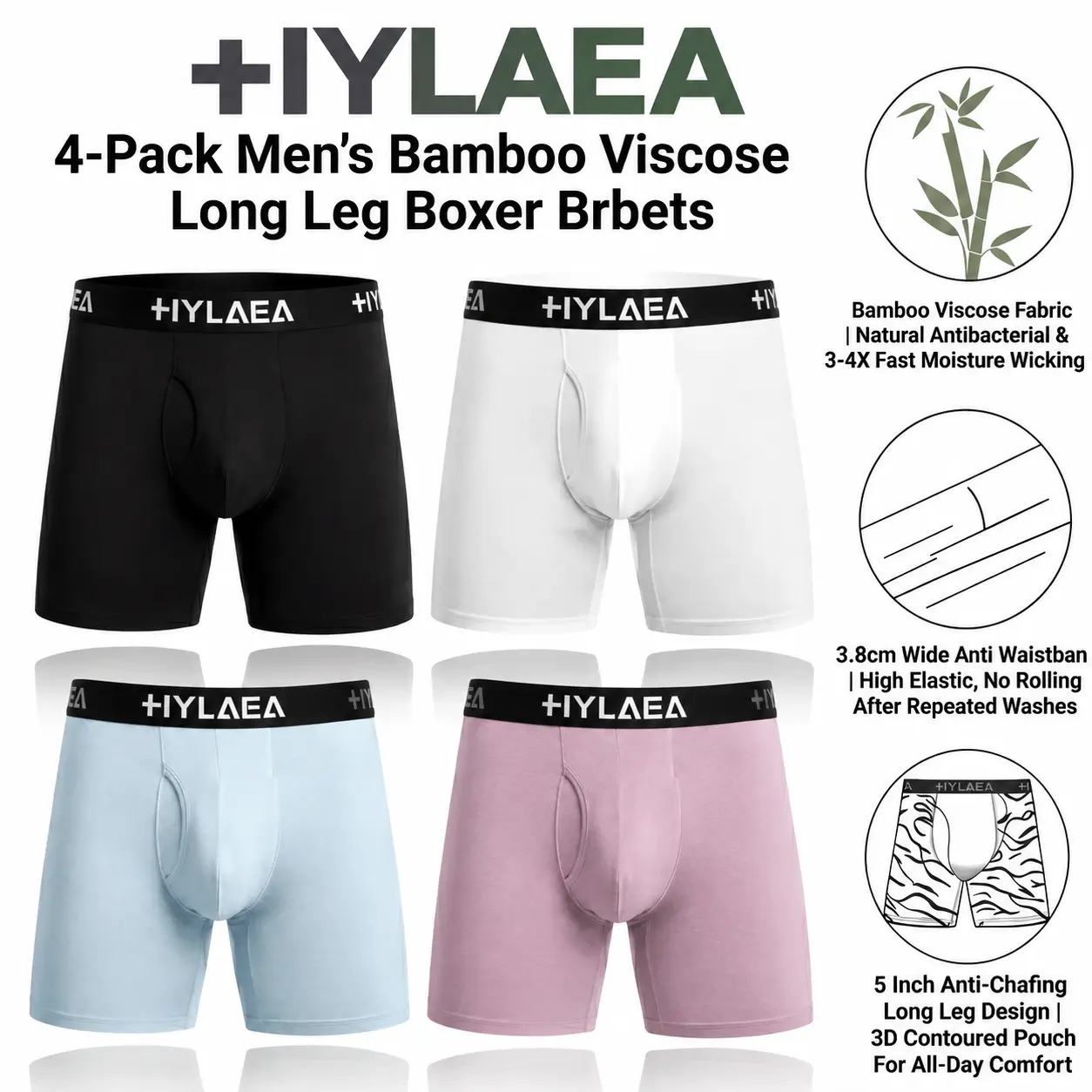 HYLAEA Men's Camo Bamboo Rayon Boxer Briefs (2-Pack, 4-Pack Options) - 5" Long Leg, Silky Natural Stretch Fabric, Anti-Chafe, No-Roll Waistband, Breathable, Sweat-Wicking Dry, Antibacterial, 3D U Pouch, Outdoor Sports Casual Wear