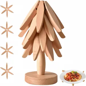 【summervibes】Natural Tree Wooden Trivet Set - 4 Trivets & 1 Stand, Heat-Resistant Foldable Design, High-Density Durable Solid Wood, Tree-Shaped Kitchenware Coasters for Hot Dishes, Multi-Functional, Special Texture, Christmas Tableware Gift