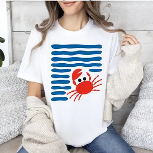 Women'S White Long-Sleeve T-Shirt with Red Crab & Blue Stripes - 100% Crab Pattern Casual Elegant Beachwear Top, Asymmetrical Hem Round Neck, Machine-Washable Regular Fit Shirt for Spring Summer Fall