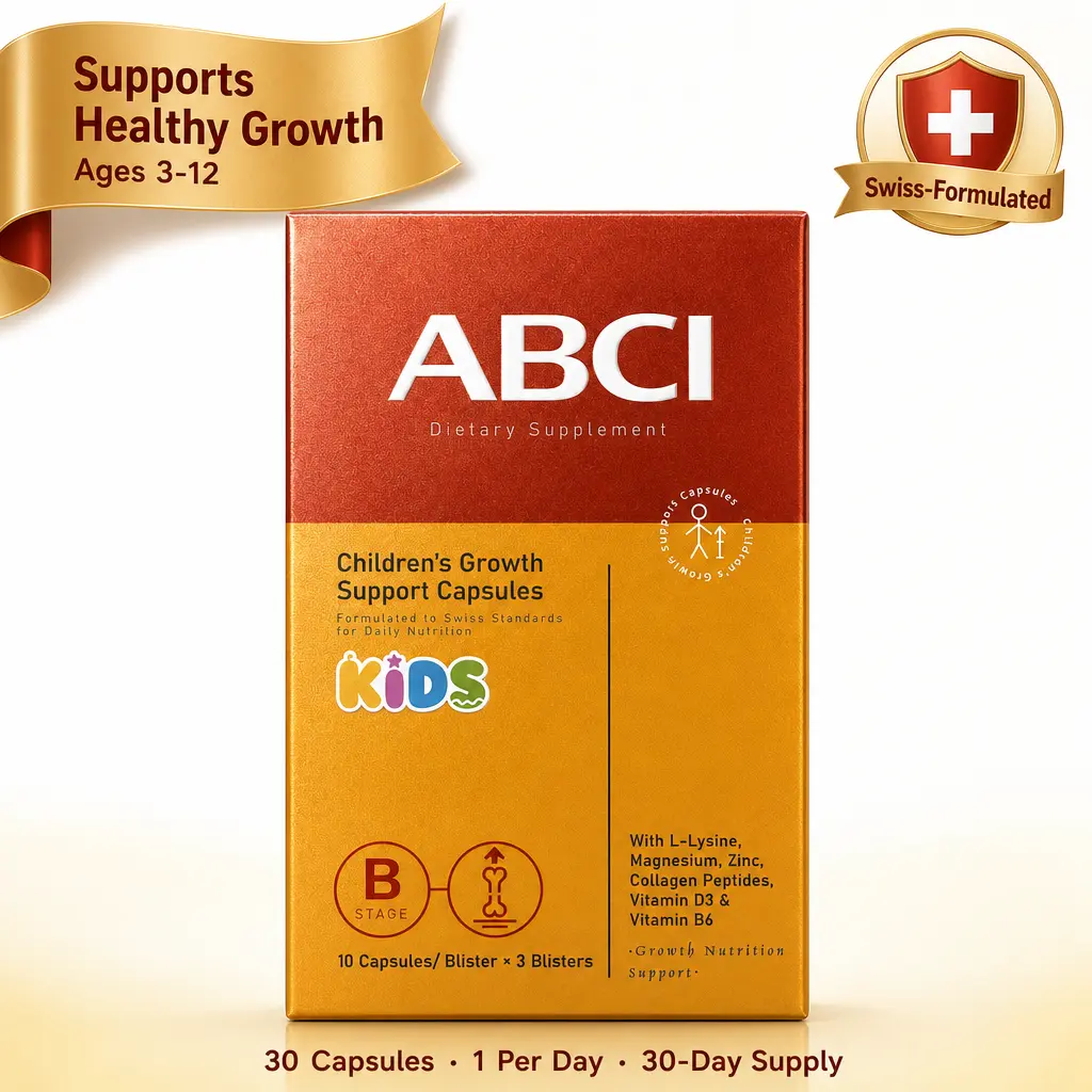 ABCI Children's Growth Support Capsules, with BLBC Nobel-Associated Immunology Ingredient, L-Lysine Magnesium Zinc, Swiss-Formulated Kids Height & Bone Support