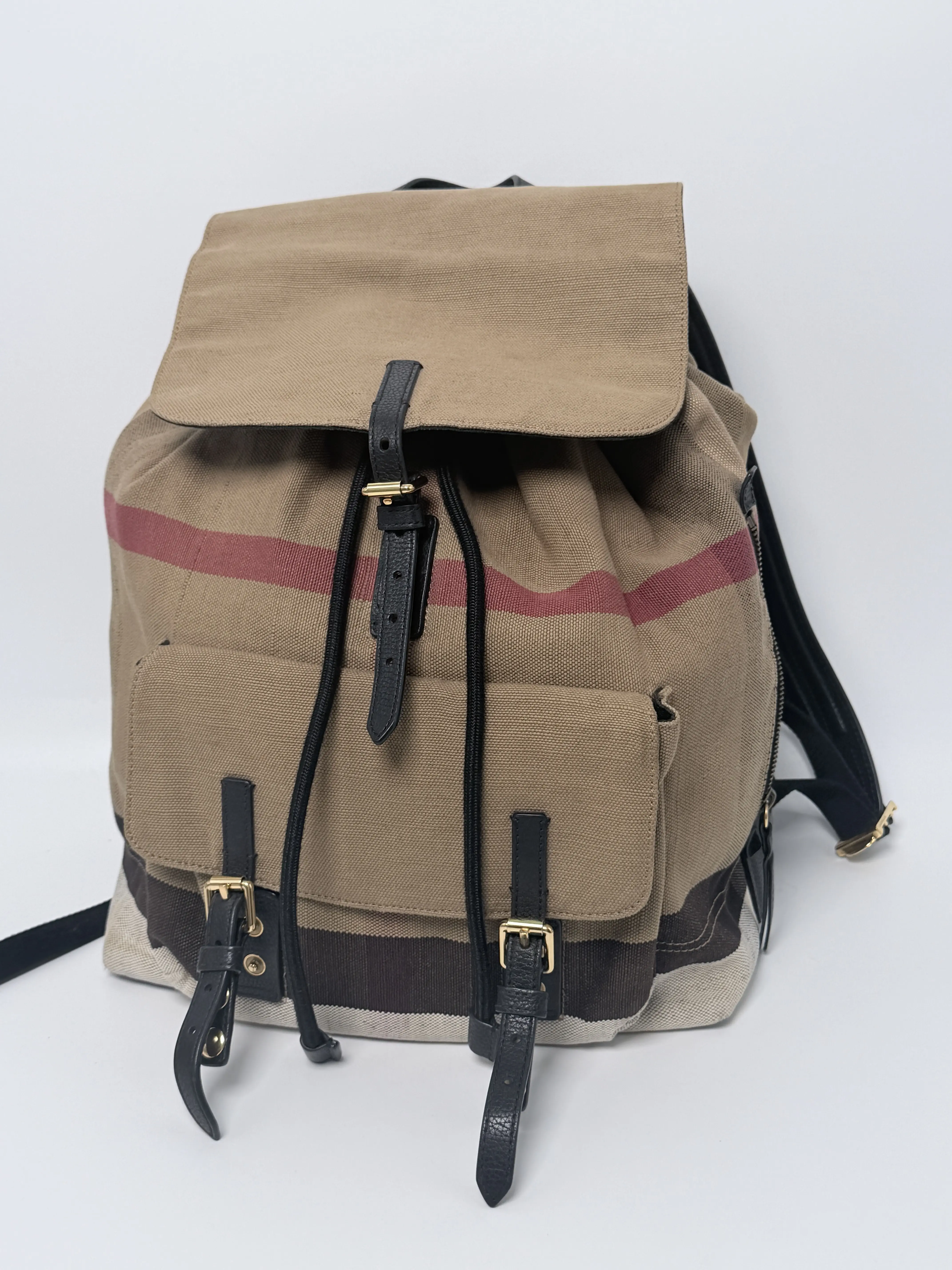 Pre-owned BURBERRY Canvas Backpacks Brookdale Mega Check Drawstring Backpack Khaki/Black ZS009BR